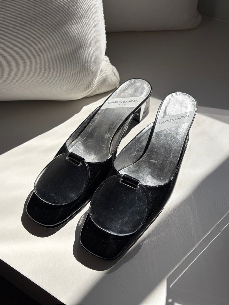 Vintage Charles Jourdan black square toe mule with translucent sphere