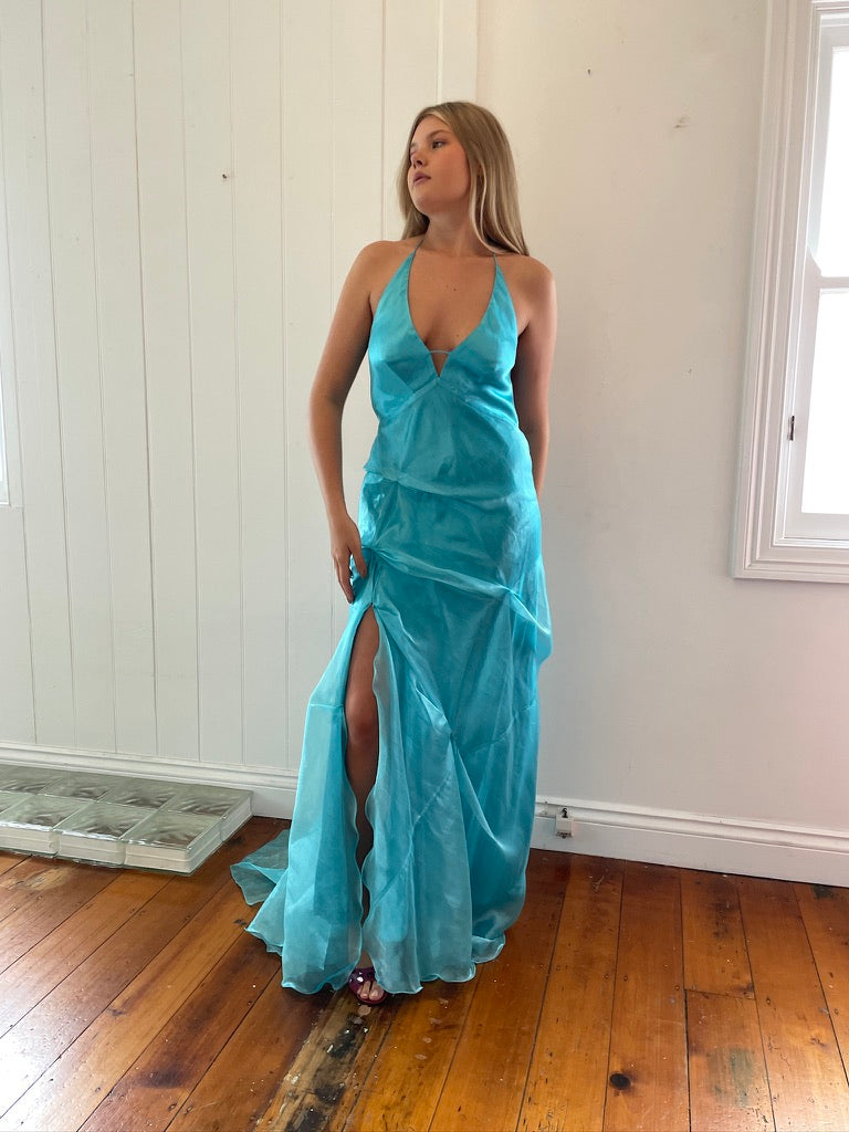 Vintage 90s aqua gathered organza backless halter gown