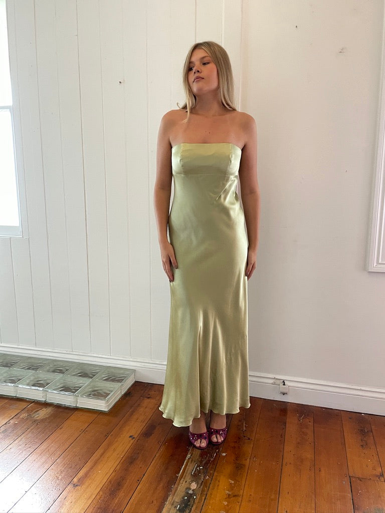Vintage 90s pistachio green pure silk strapless gown