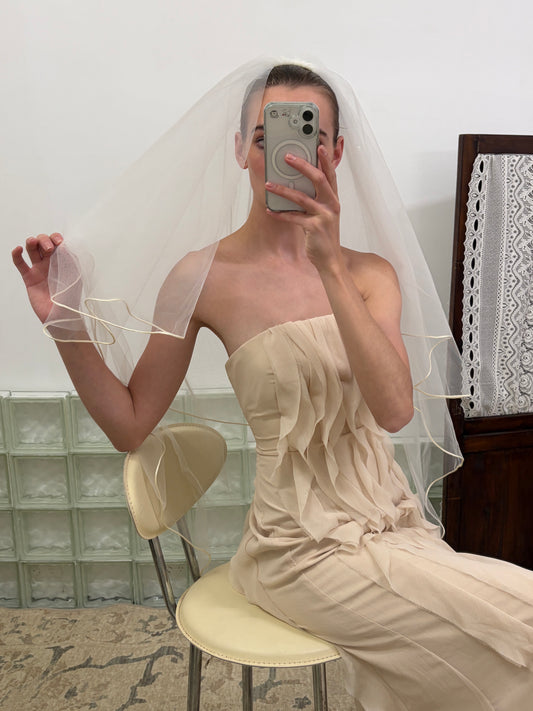 Vintage 90s ivory fingertip veil with fine satin trim