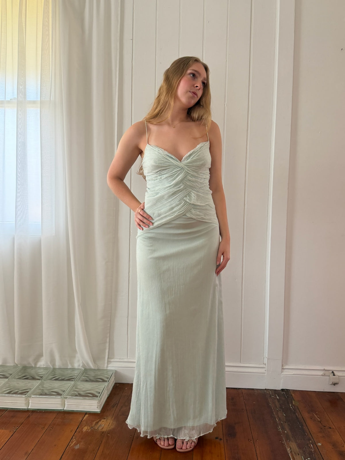 Vintage 90s baby blue silk ruched evening dress
