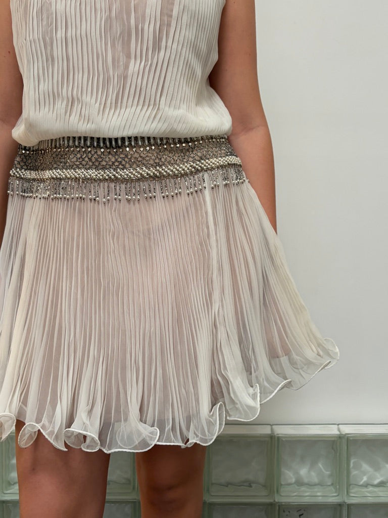 Vintage 80s ivory pleated drop waist mini dress with fringe beading