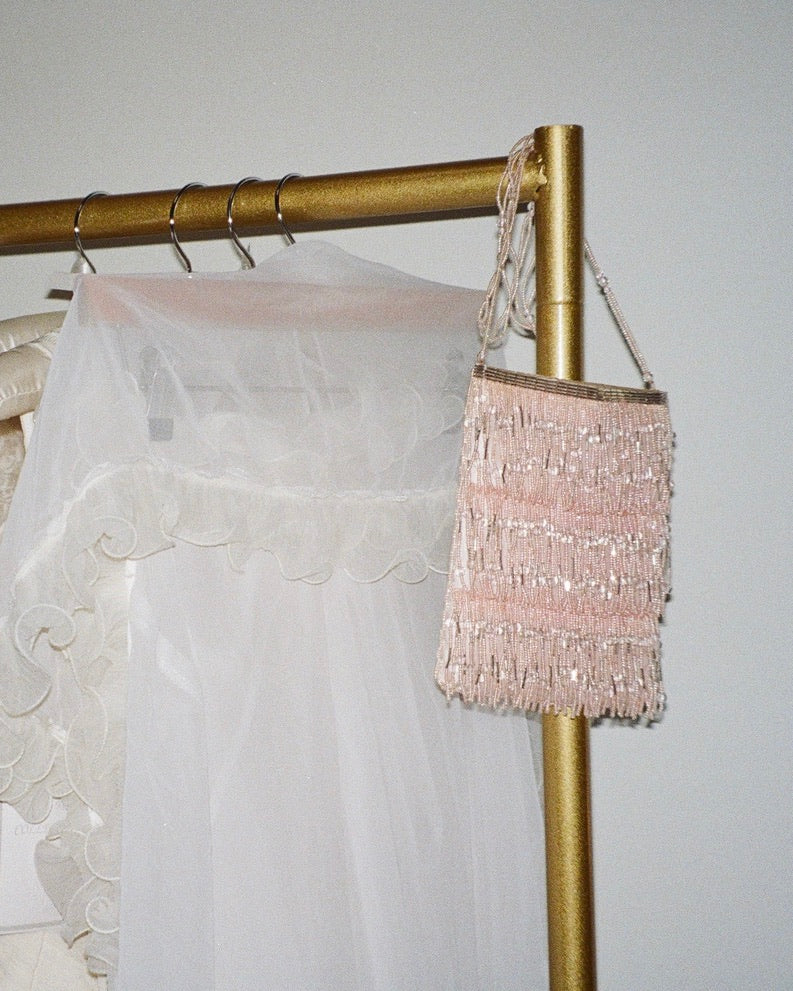 Vintage 90s pastel pink evening bag with beaded fringing