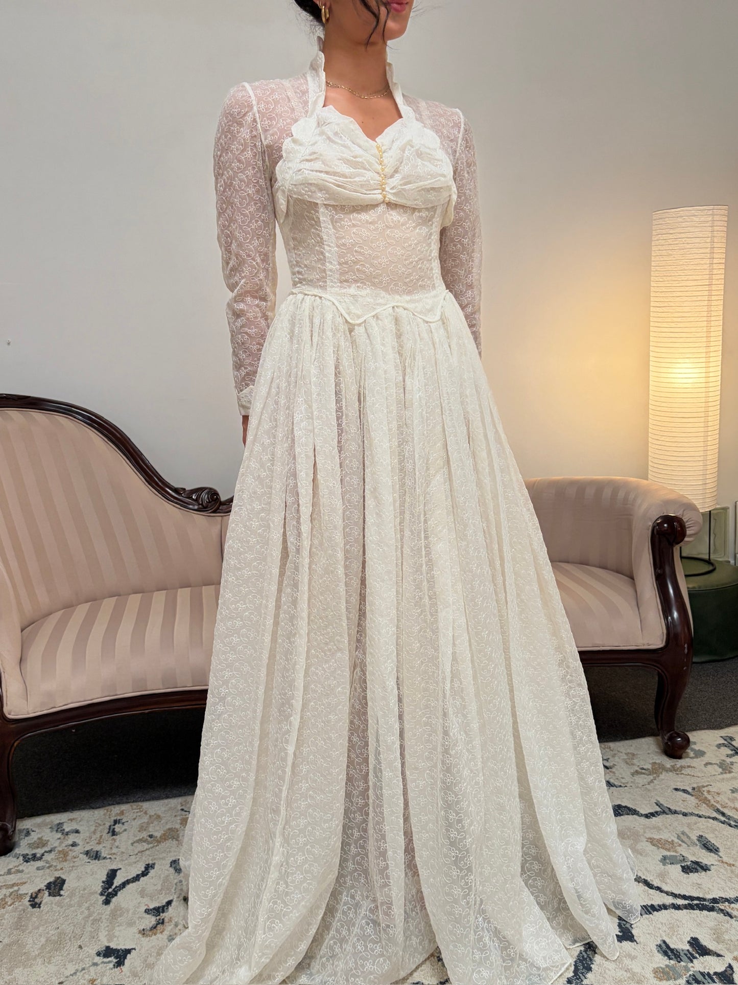 Vintage 60s long sleeve semi sheer lace high neck wedding gown