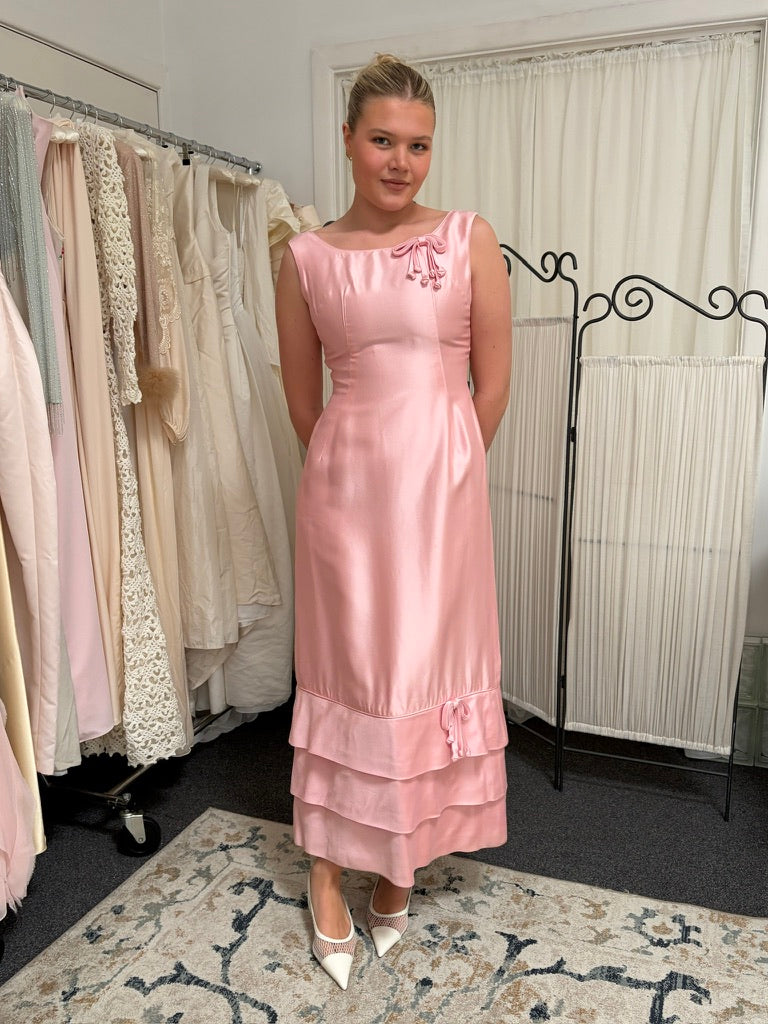 Vintage 60s candy pink tiered evening gown with bows