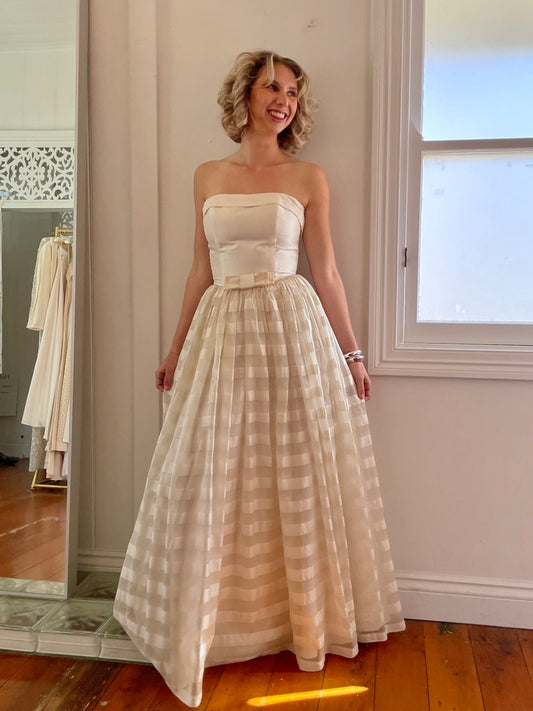 Vintage 1999 Wendy Makin Raw silk striped strapless gown