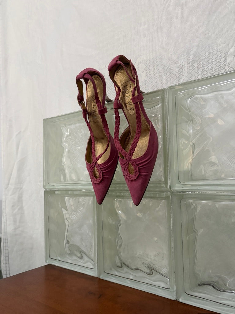 Vintage Loewe pink suede pointed toe heels with braided straps