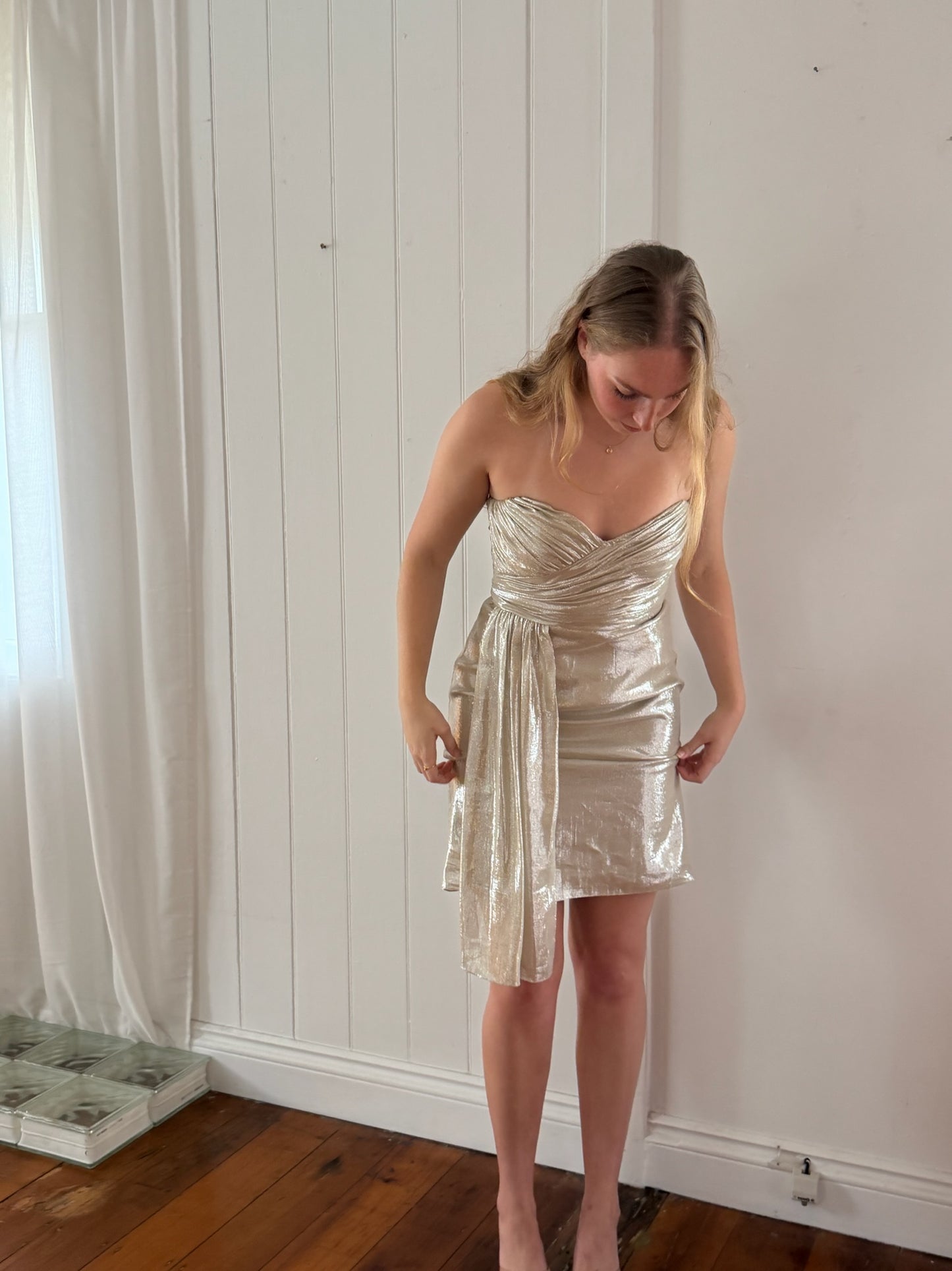 Vintage Y2K Vera Wang gold foiled silk mini dress