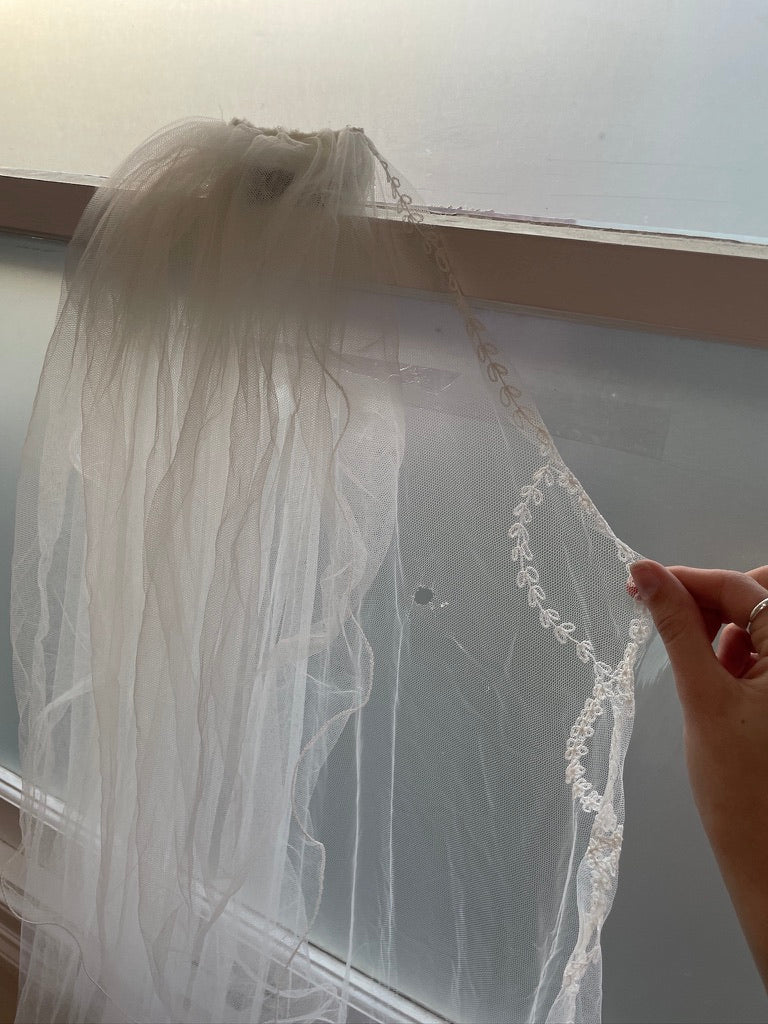 Vintage 70s embroidered chapel veil with blusher ivory