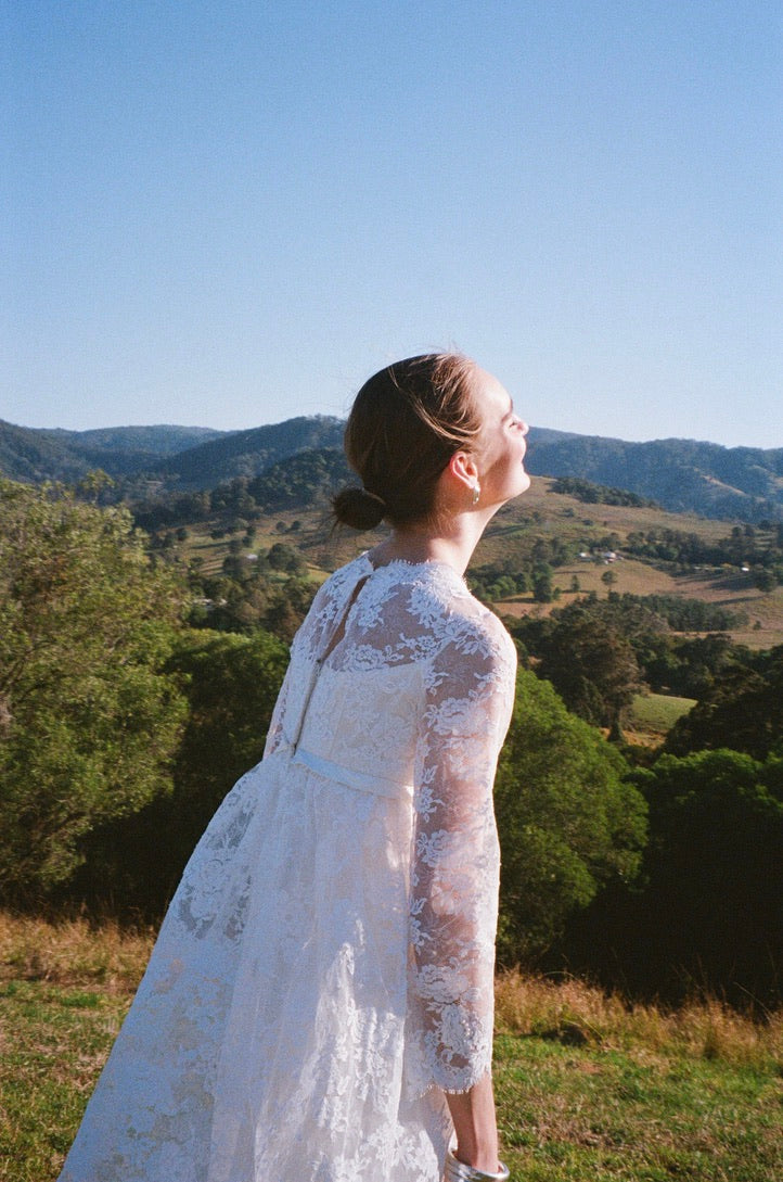 Vintage 60s long sleeve satin column gown with lace cape