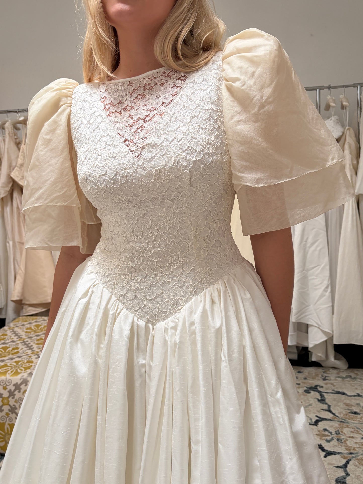 Vintage 1986 silk puff sleeve basque waist wedding dress with train