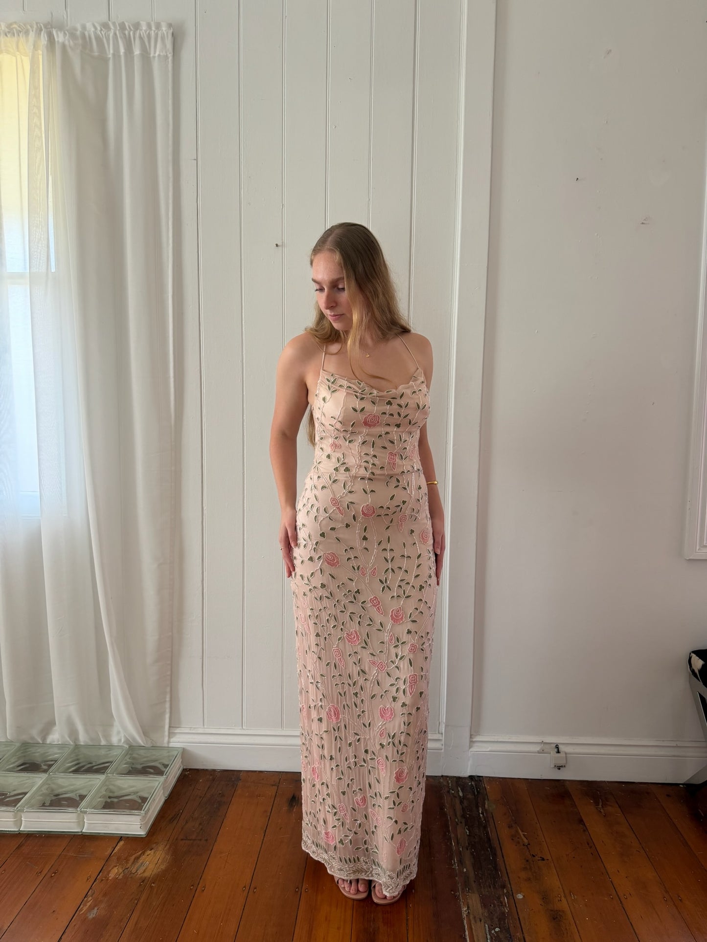 Vintage 90s baby pink silk beaded open back evening dress