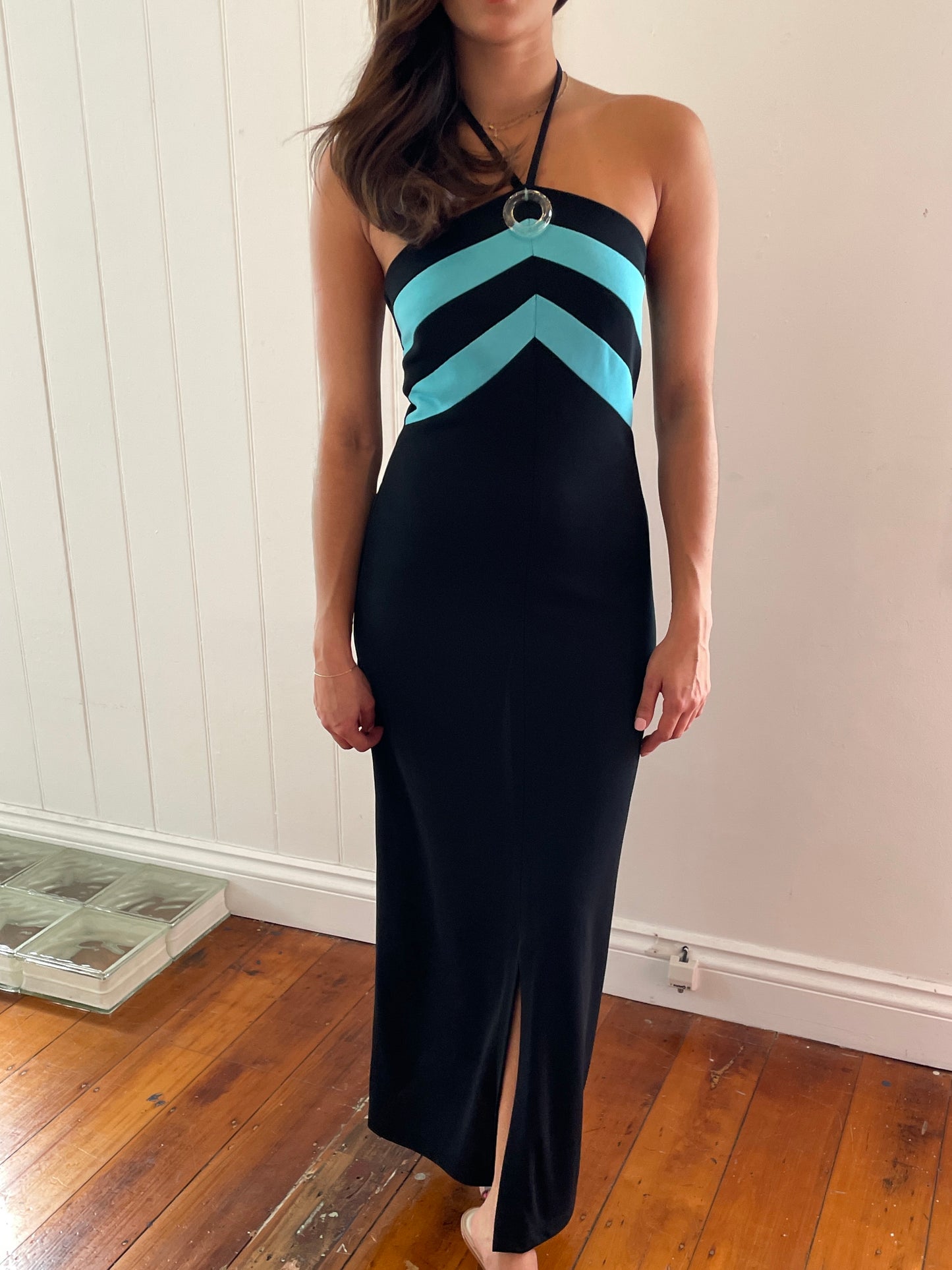 Vintage 90s Pati-Pat Paris black aqua halter neck maxi dress