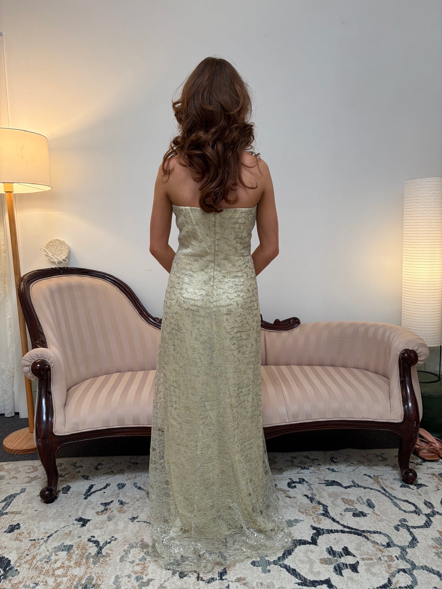 Vintage 00s Lisa Ho gold lace column evening gown