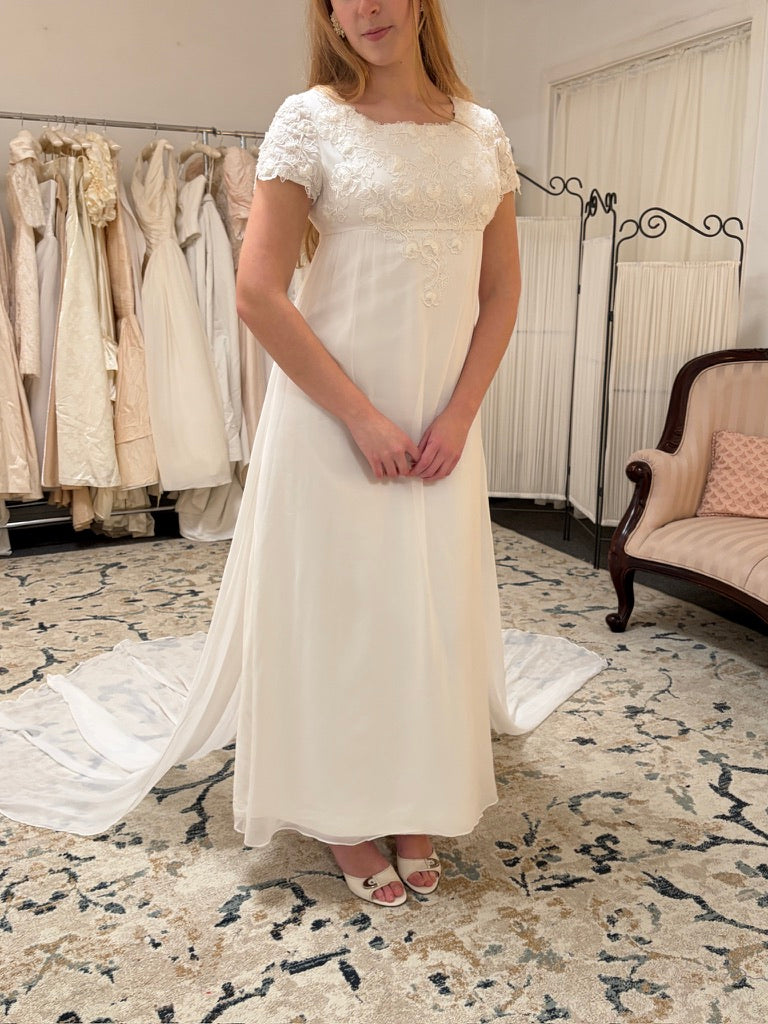 Vintage 60s column wedding dress with floral applique and dramatic train