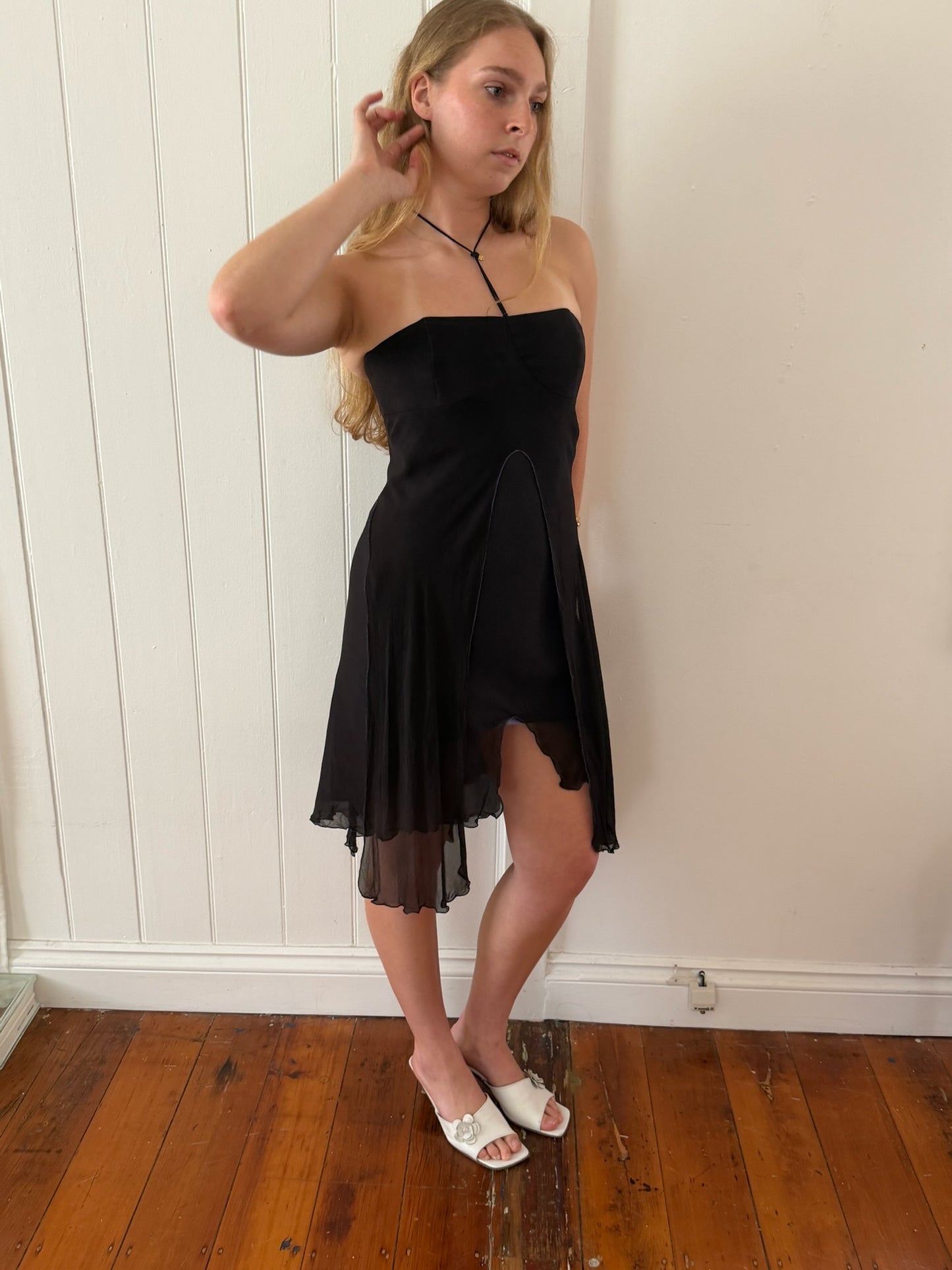 Vintage 1990 Jenny Bannister black balconette mini dress