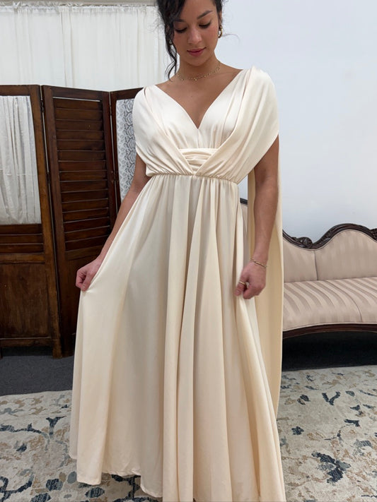 Vintage 70s cream grecian v neck gown with open back