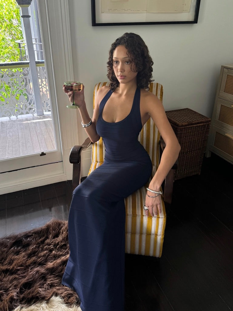 Vintage 1995 Hervé Legér Couture navy blue halterneck floor length bandage gown