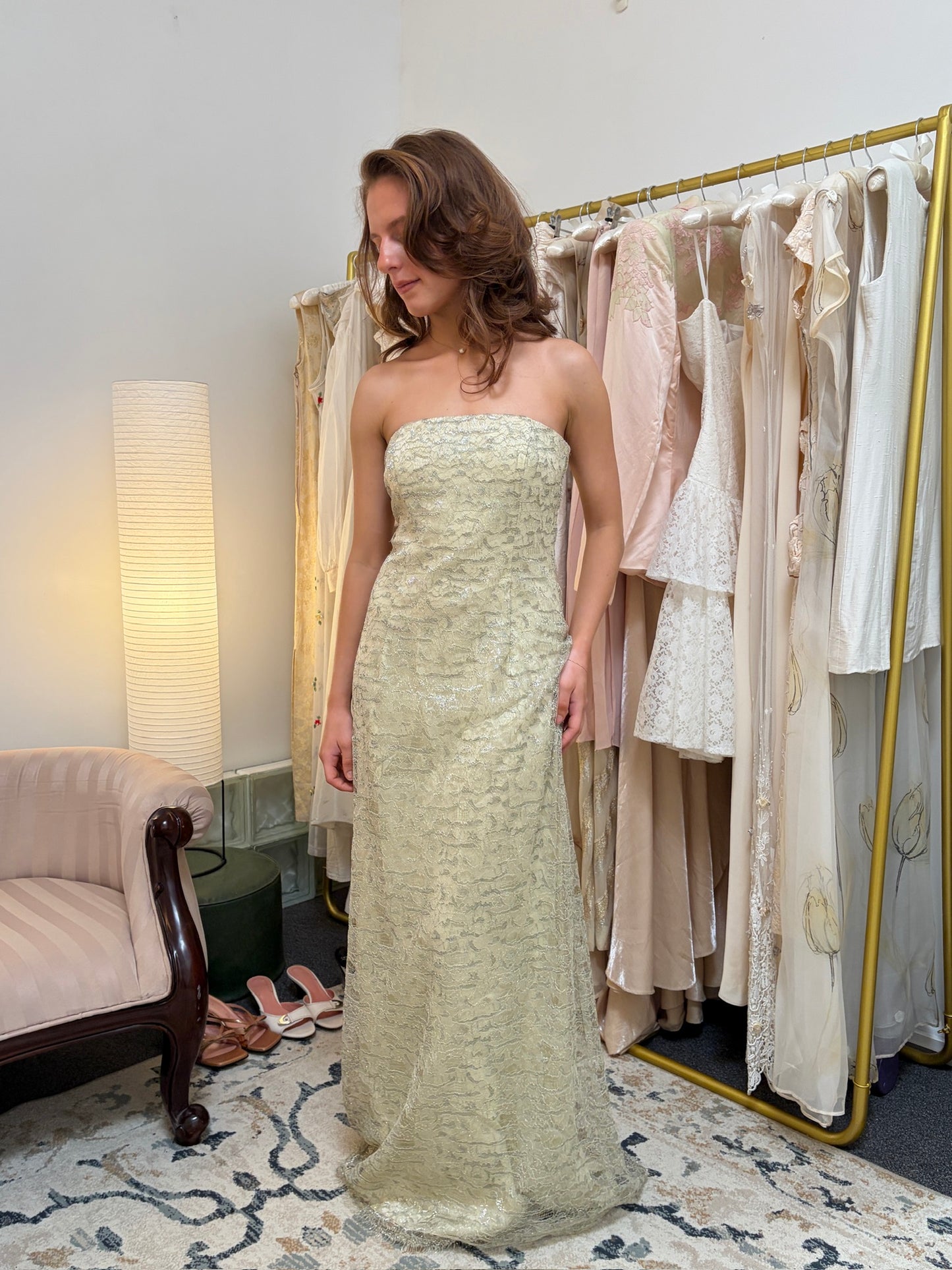 Vintage 00s Lisa Ho gold lace column evening gown