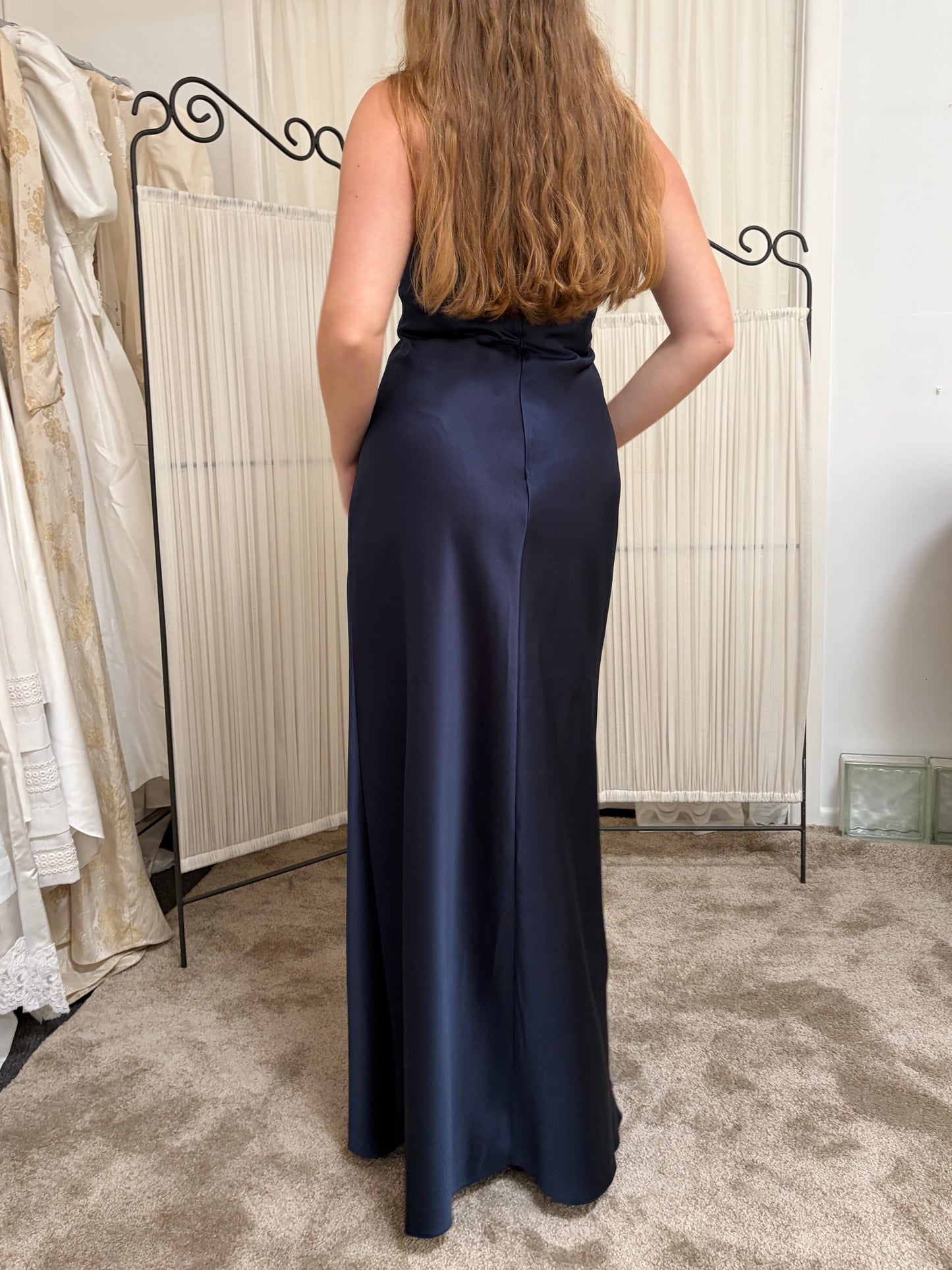 Vintage 90s Shelli Segal navy blue strapless evening dress