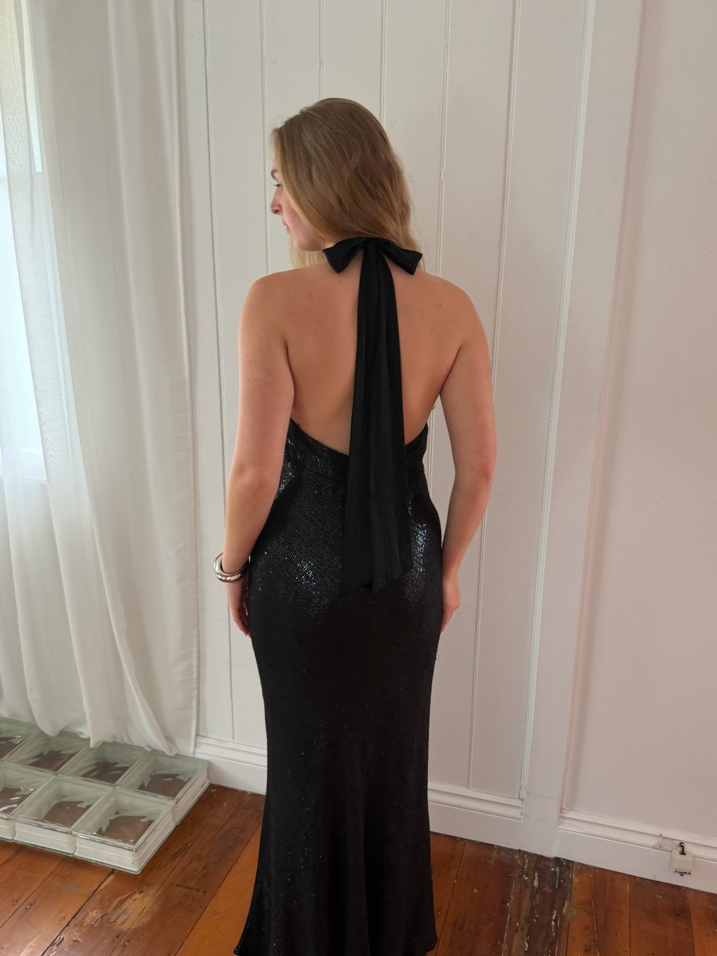 Vintage 00s black sequinned halter evening gown with open back