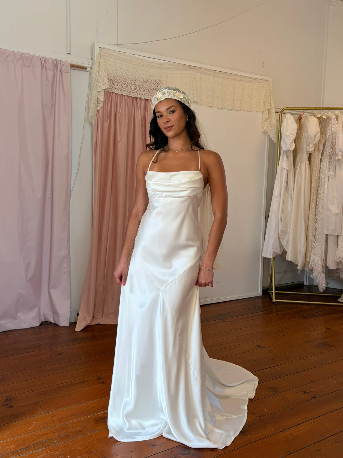 Vintage y2k ivory satin wedding dress with train