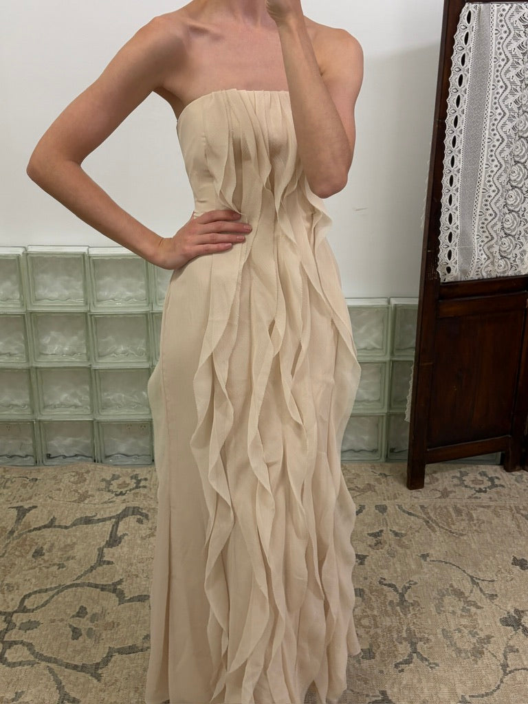 Vintage Y2K Vera Wang sand cascading ruffle dress