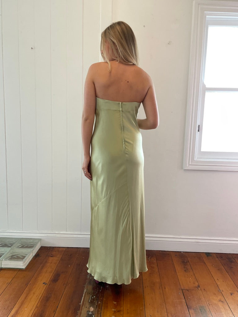 Vintage 90s pistachio green pure silk strapless gown