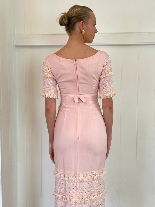Vintage 60s baby pink column dress with cream fringing