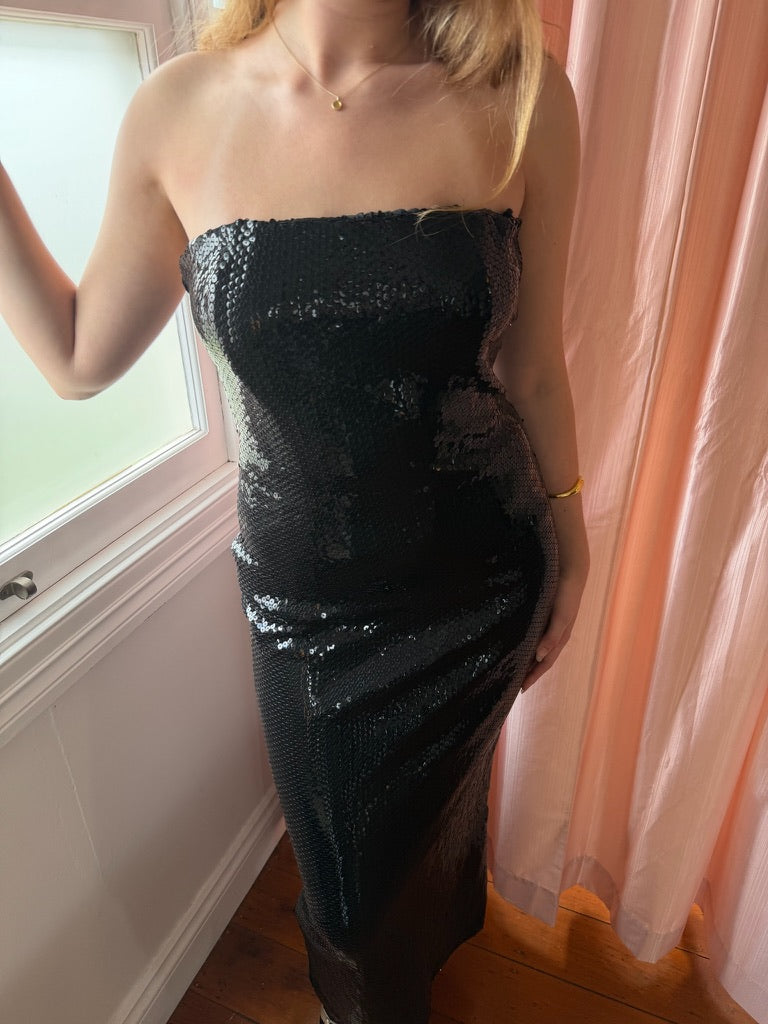 Vintage 90s black sequinned strapless column dress