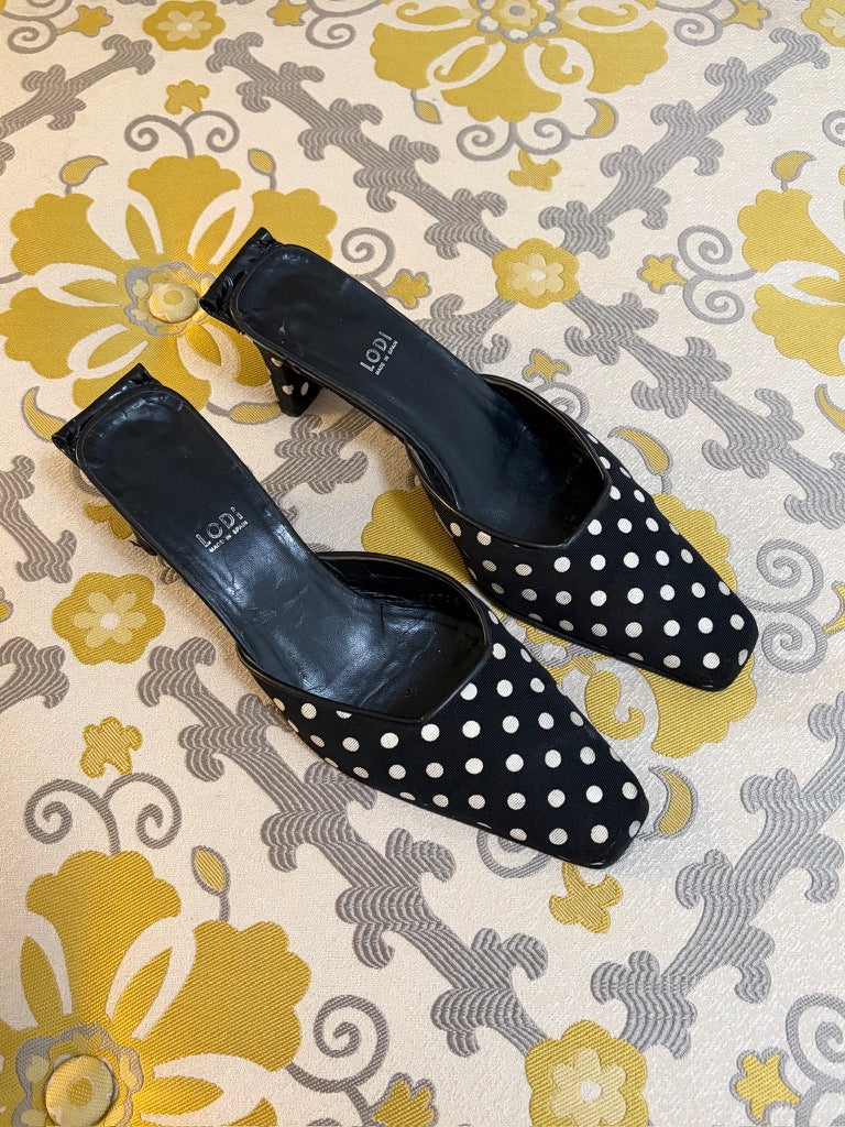 Vintage 90s black and white polka dot square toe mules