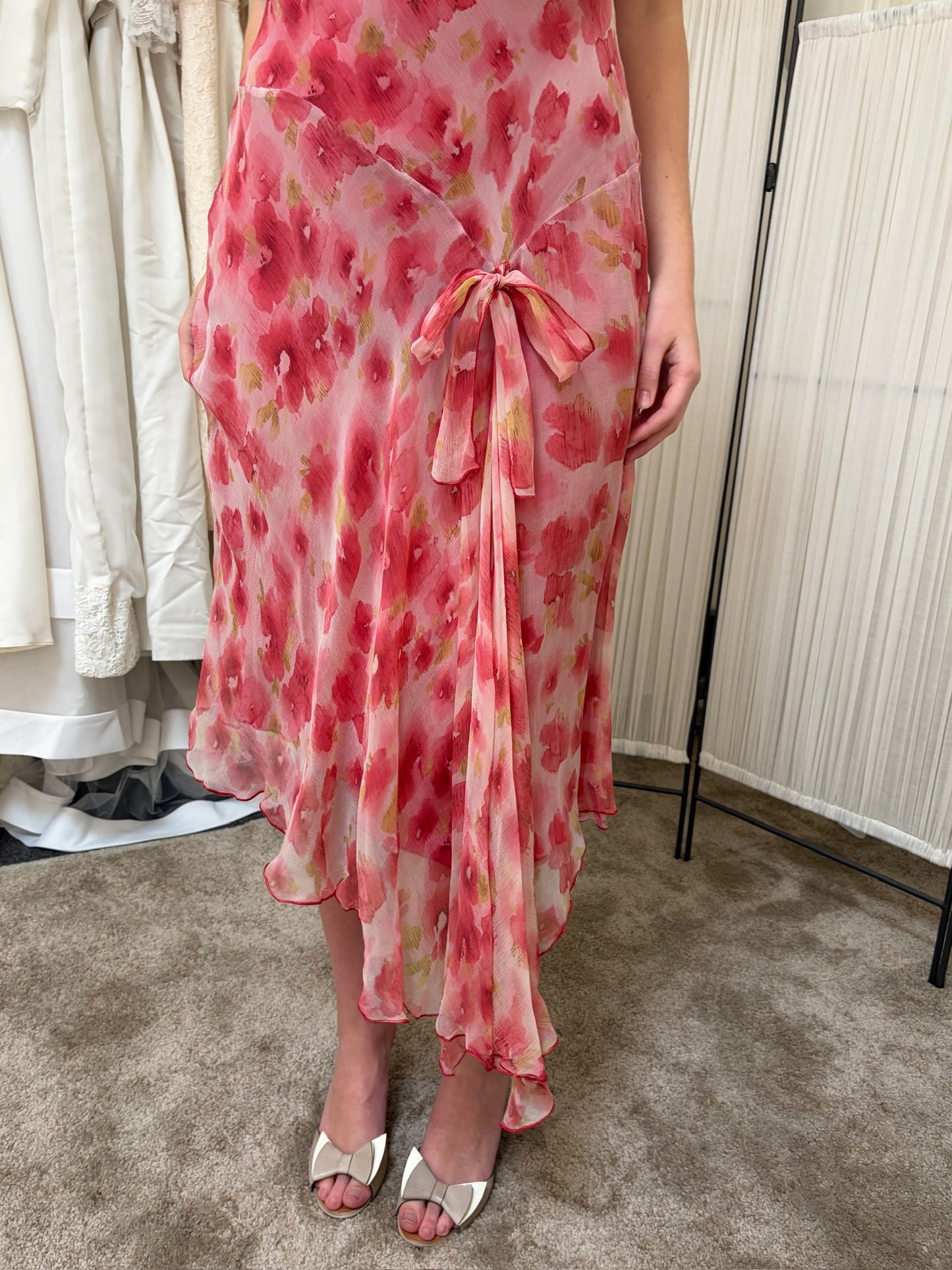 Vintage 00s bias cut pink floral watercolour silk slip dress