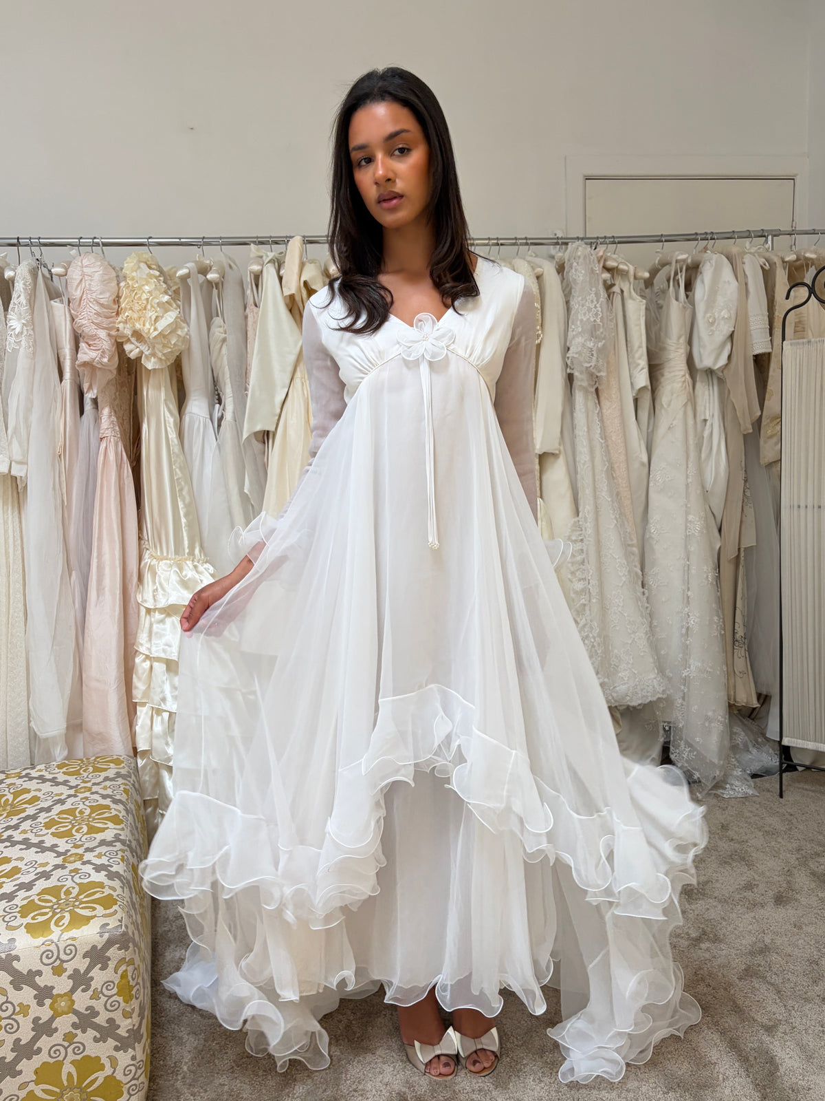 Vintage 70s Margo Prince ethereal ruffled chiffon long sleeve wedding dress with train
