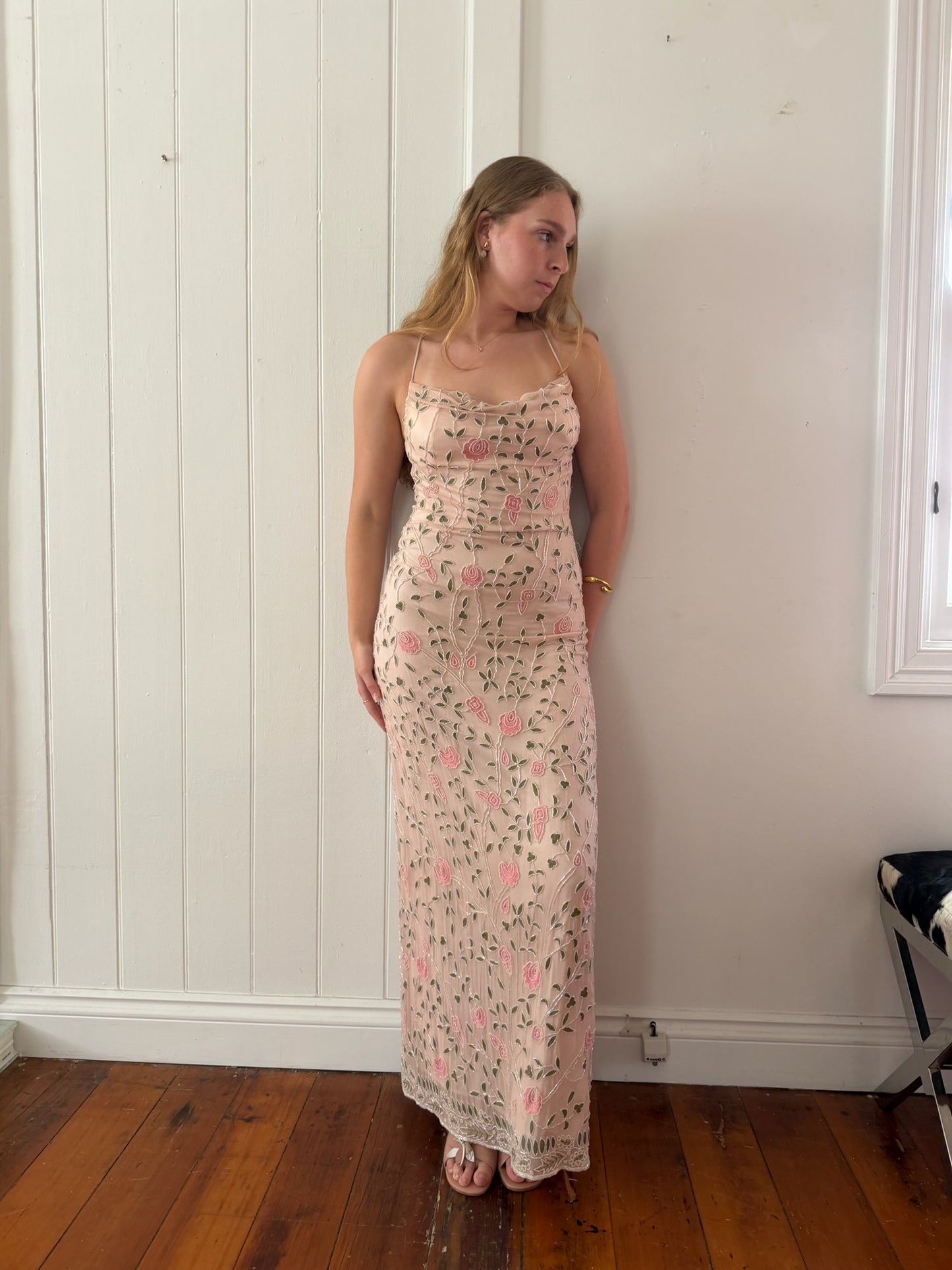 Vintage 90s baby pink silk beaded open back evening dress