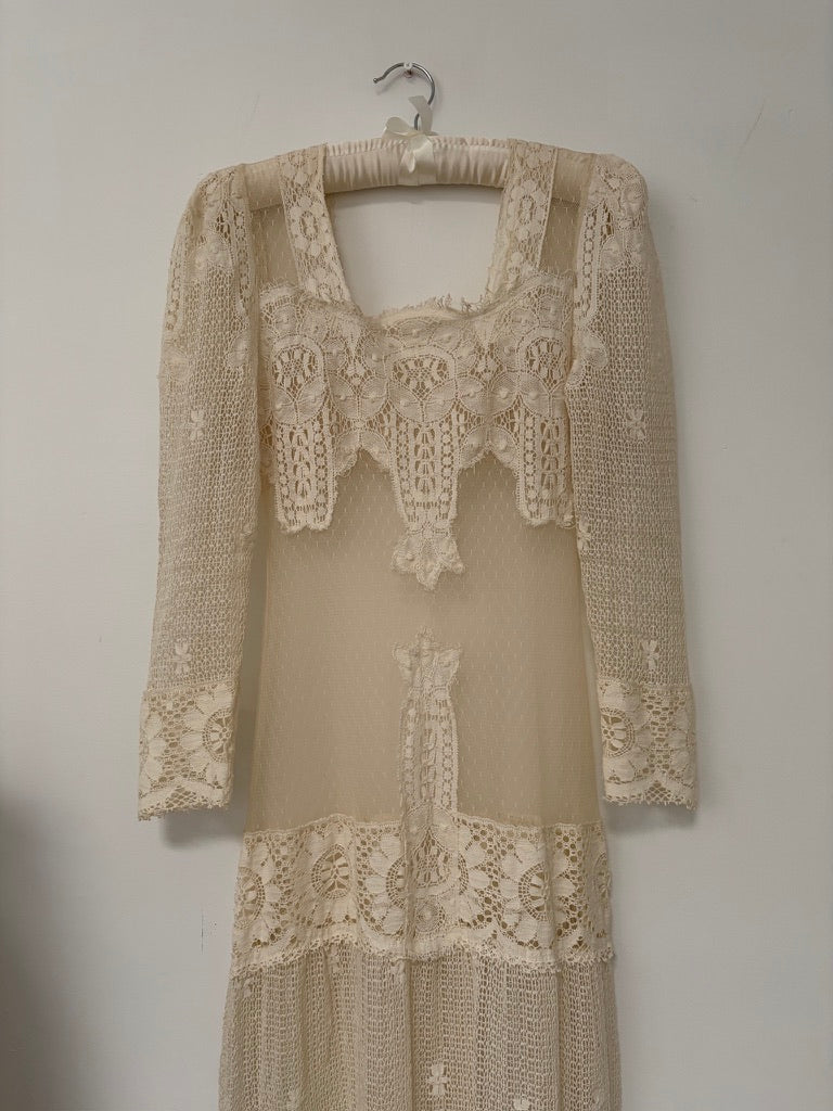 Vintage 70s does 20s cream lace drop waist bridal dress