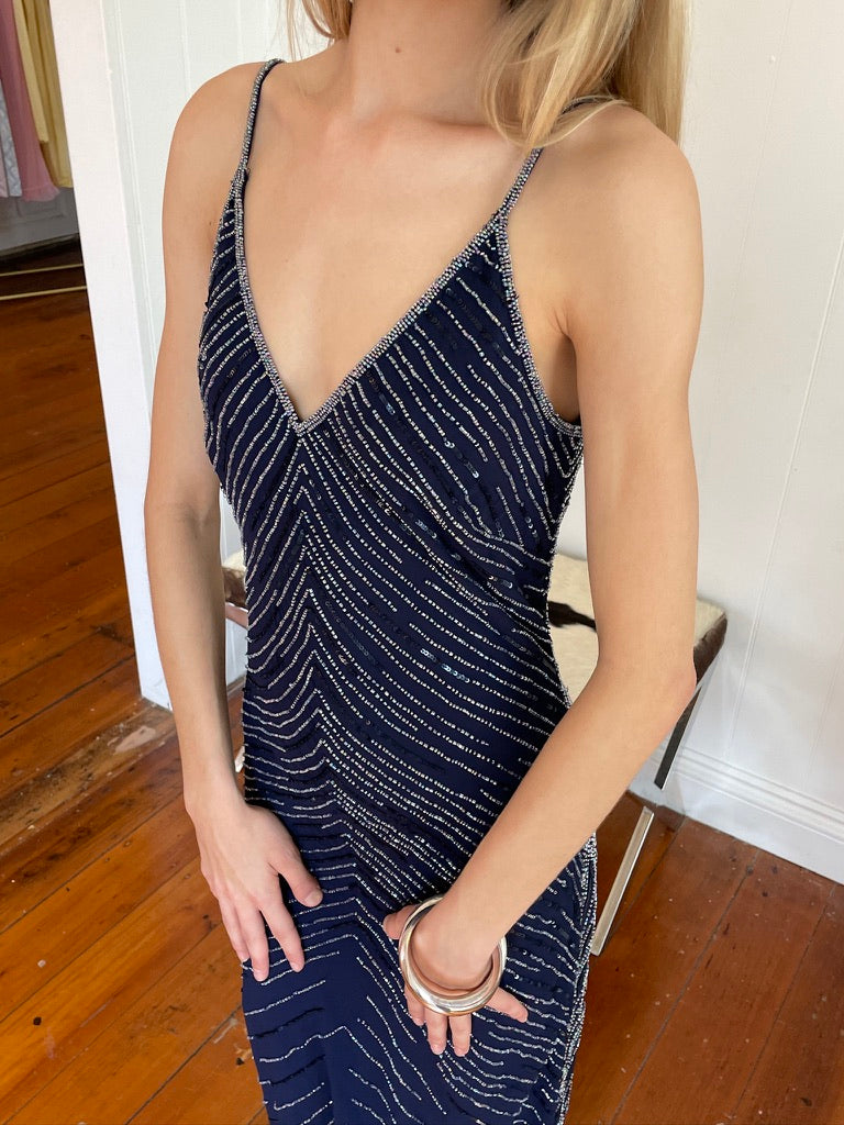 Vintage Y2K Navy beaded slip dress with flirty hem