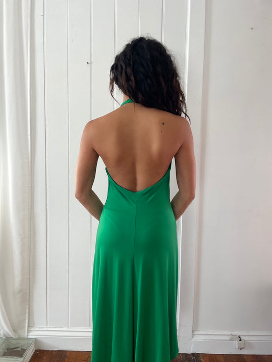 Vintage 90s green plunge neck backless mini dress