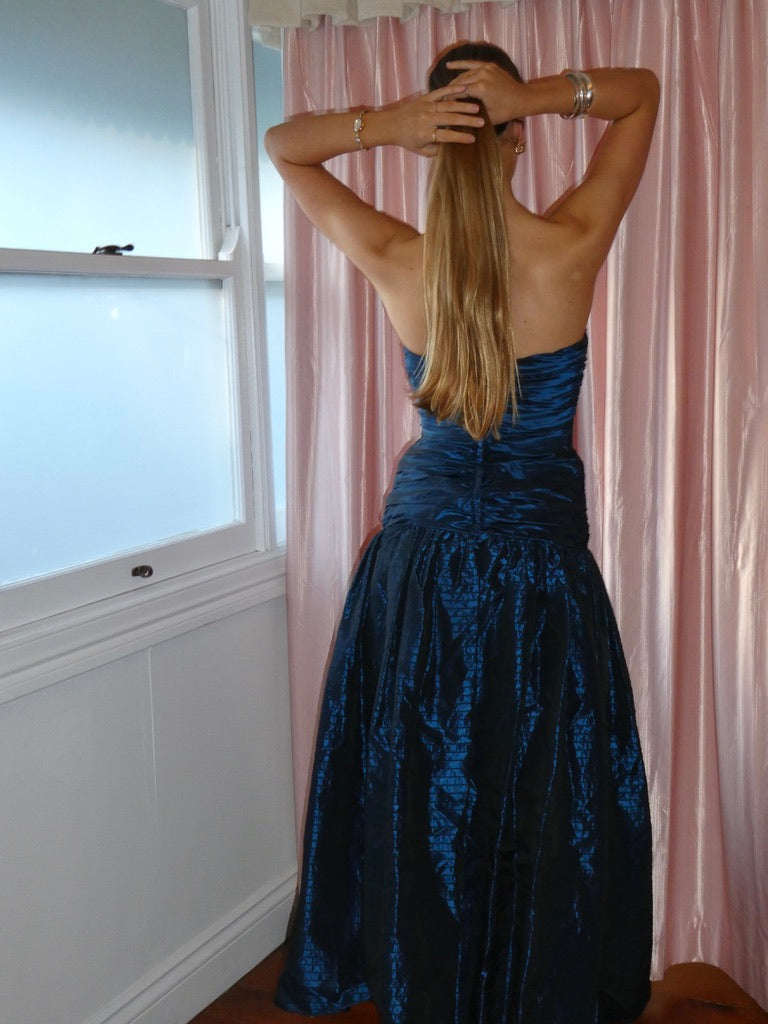 Vintage 80s Alyce blue strapless drop waist evening gown