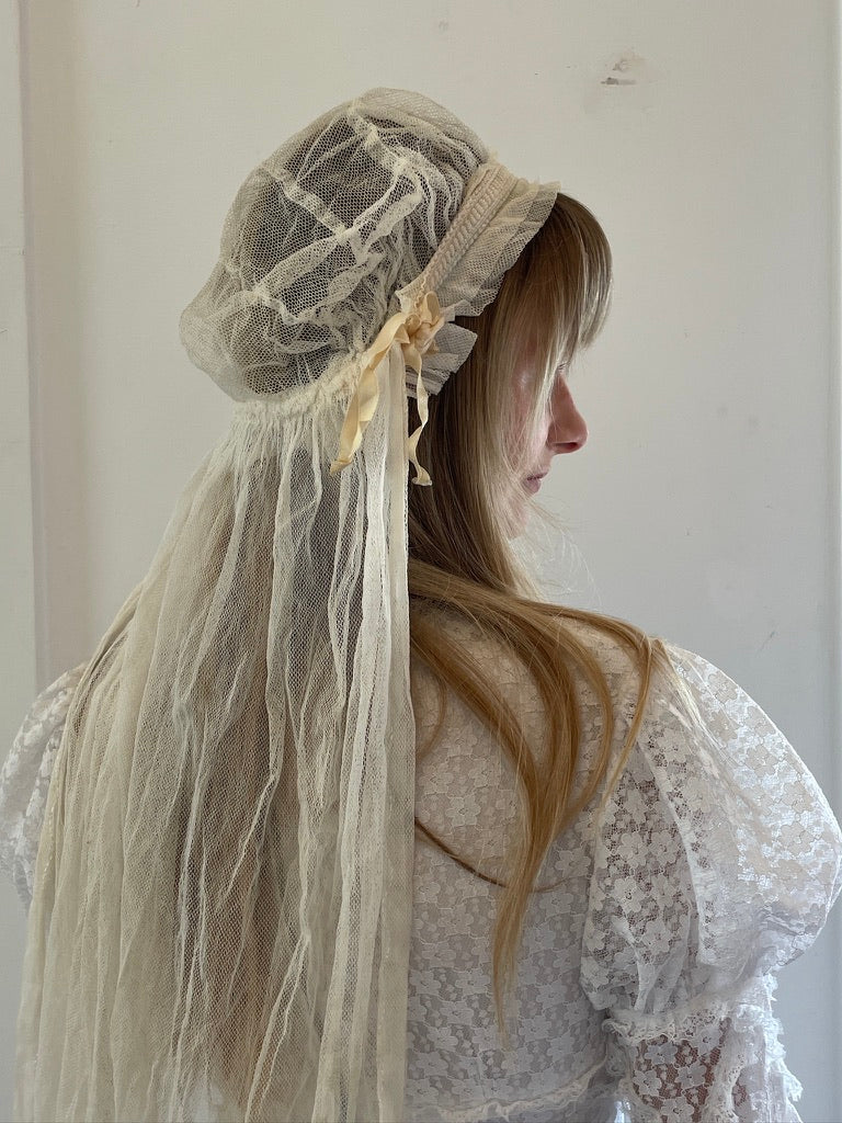 Antique 20s Juliet Cap veil with ruffles and satin ribbon flowers
