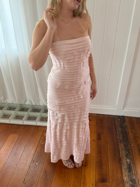 Vintage 90s Tadashi Shoji baby pink cascading pleated dress