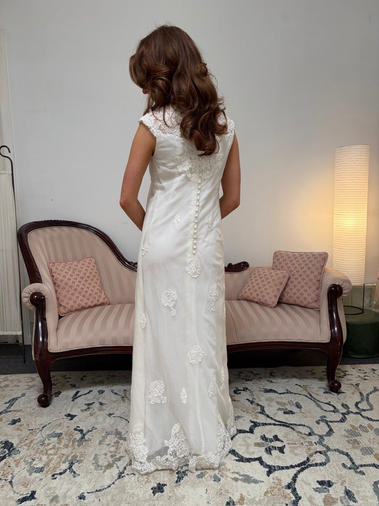 Vintage 60s Alfred Angelo high neck alençon lace column wedding dress