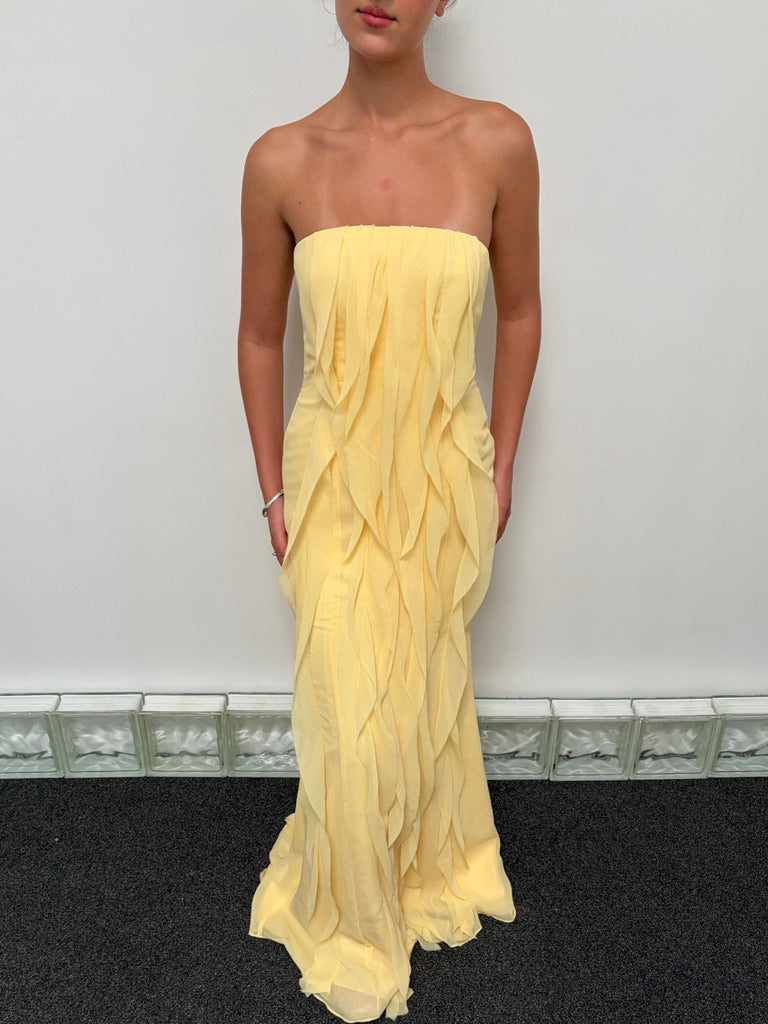 Vintage y2k Vera Wang yellow strapless ruffle gown