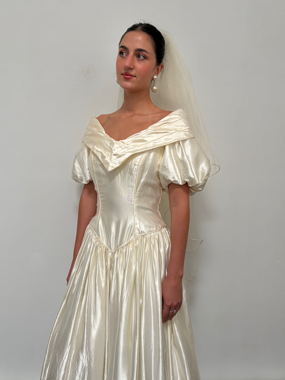 Vintage 90s cream satin basque waist princess wedding dress
