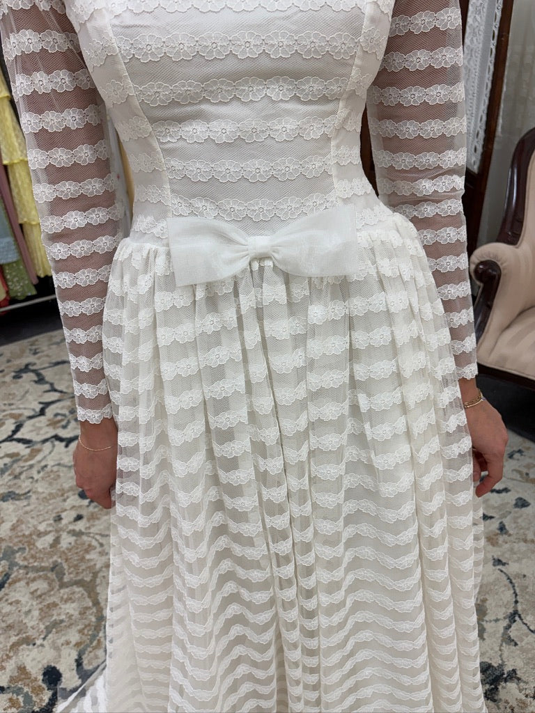Vintage 60s lace long sleeve striped wedding gown with bows