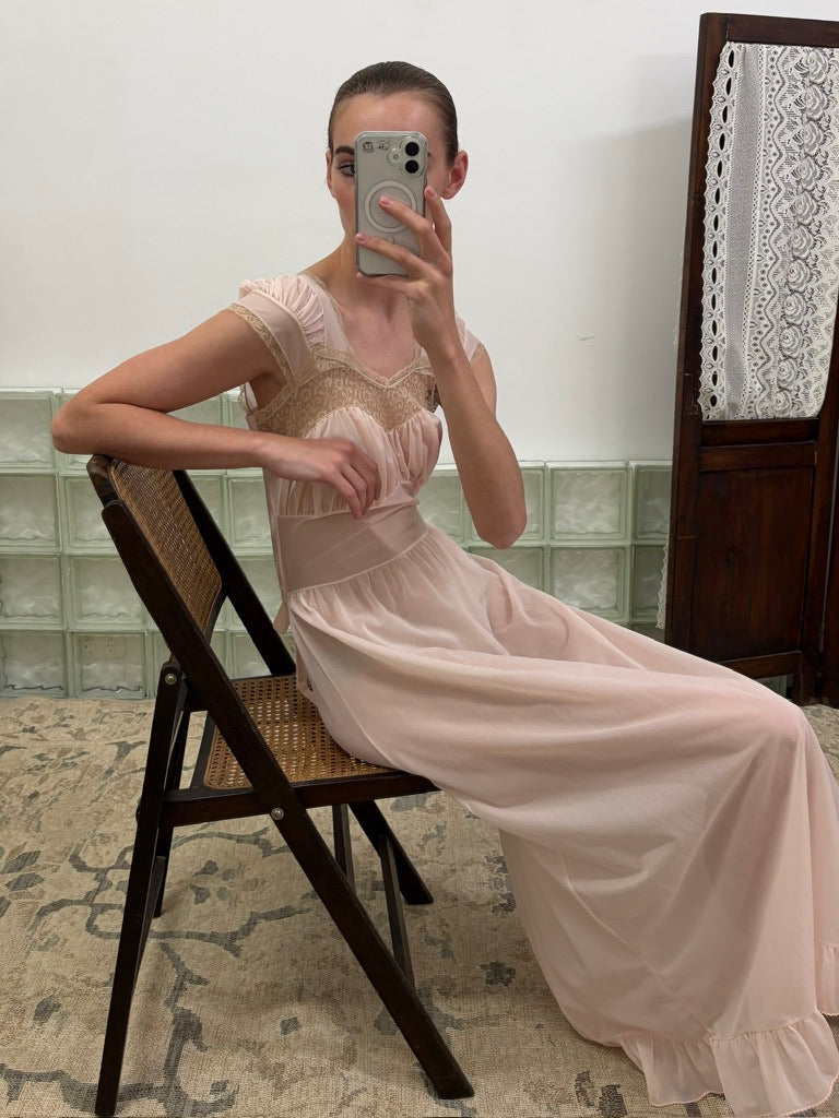 Vintage 60s baby pink semi sheer slip dress with lace trim