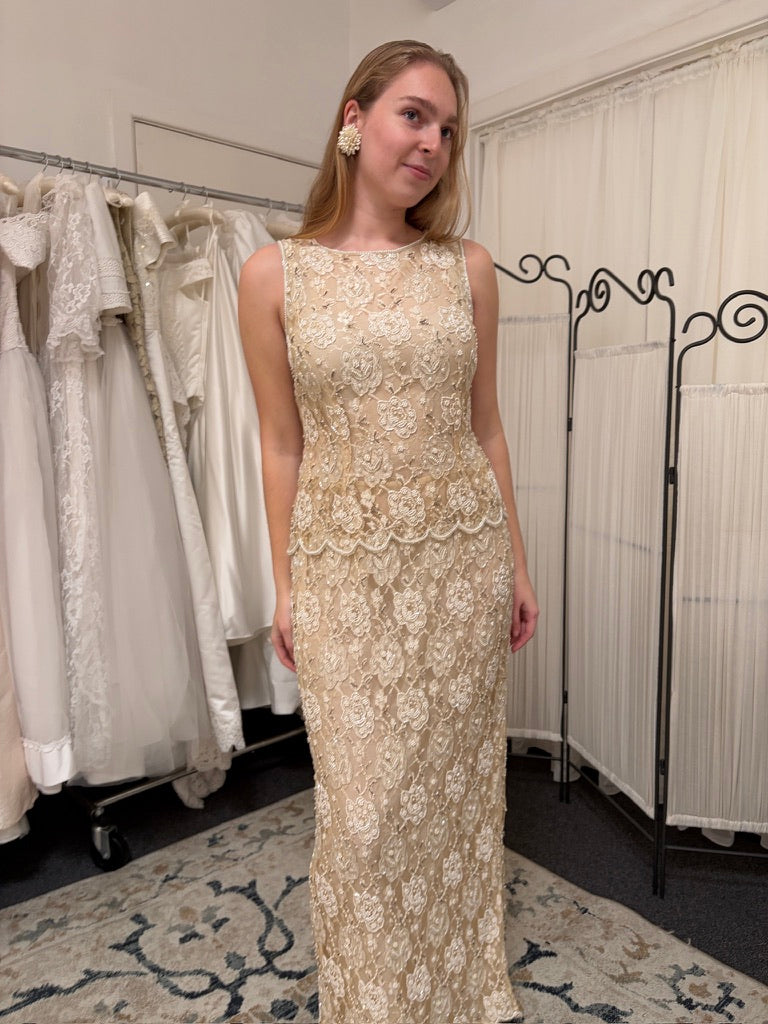 Vintage 90s high neck beaded champagne column dress