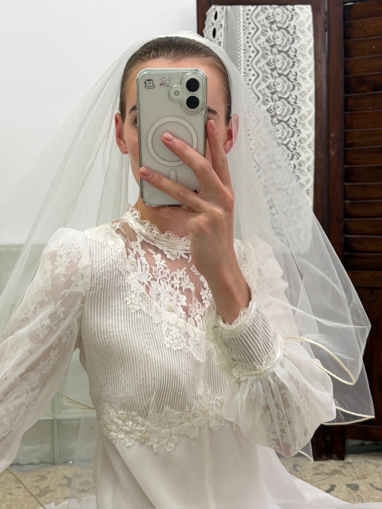 Vintage 70s long sleeve high neck wedding gown with train