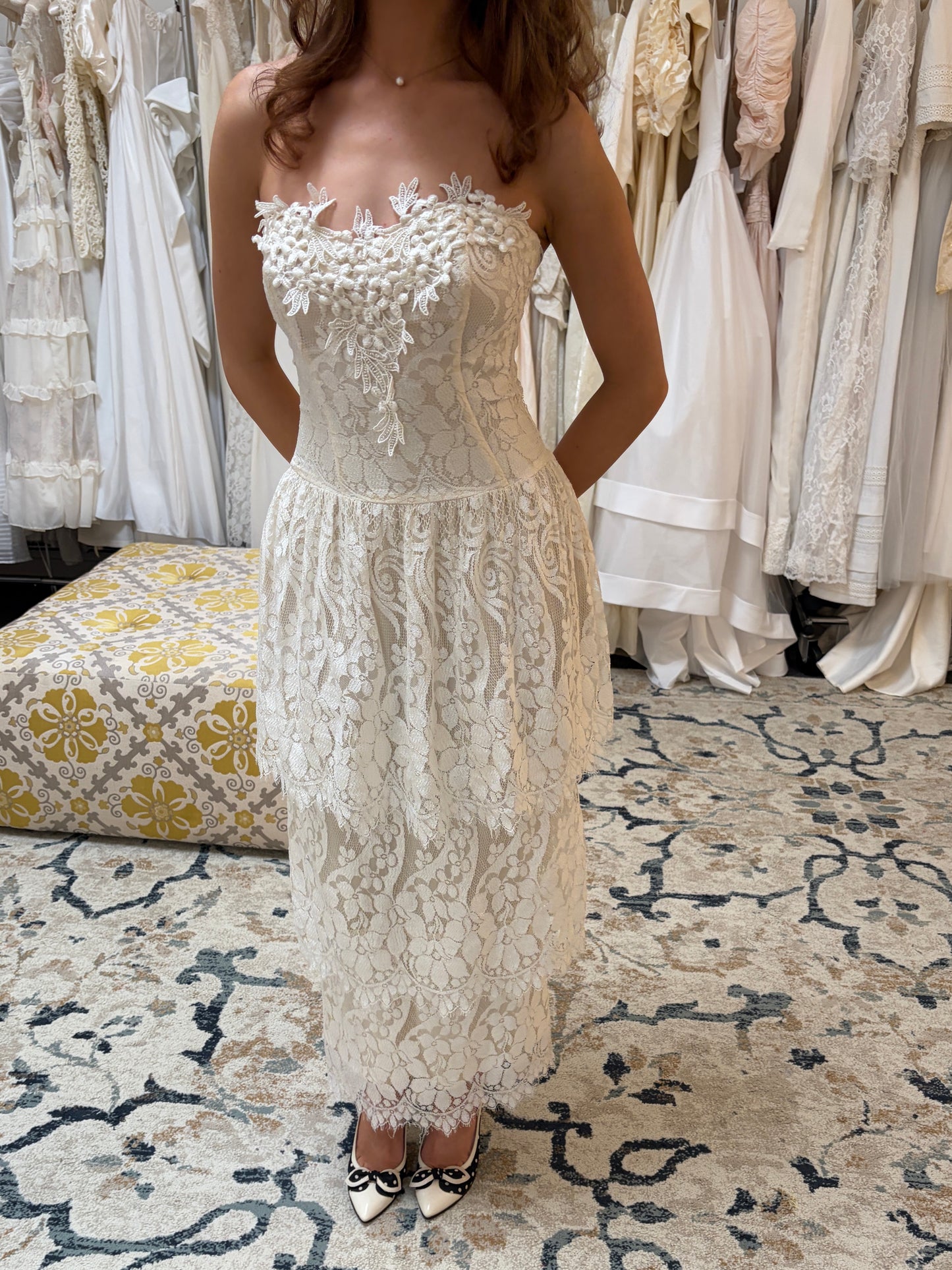 Vintage 80s strapless tiered lace column wedding dress