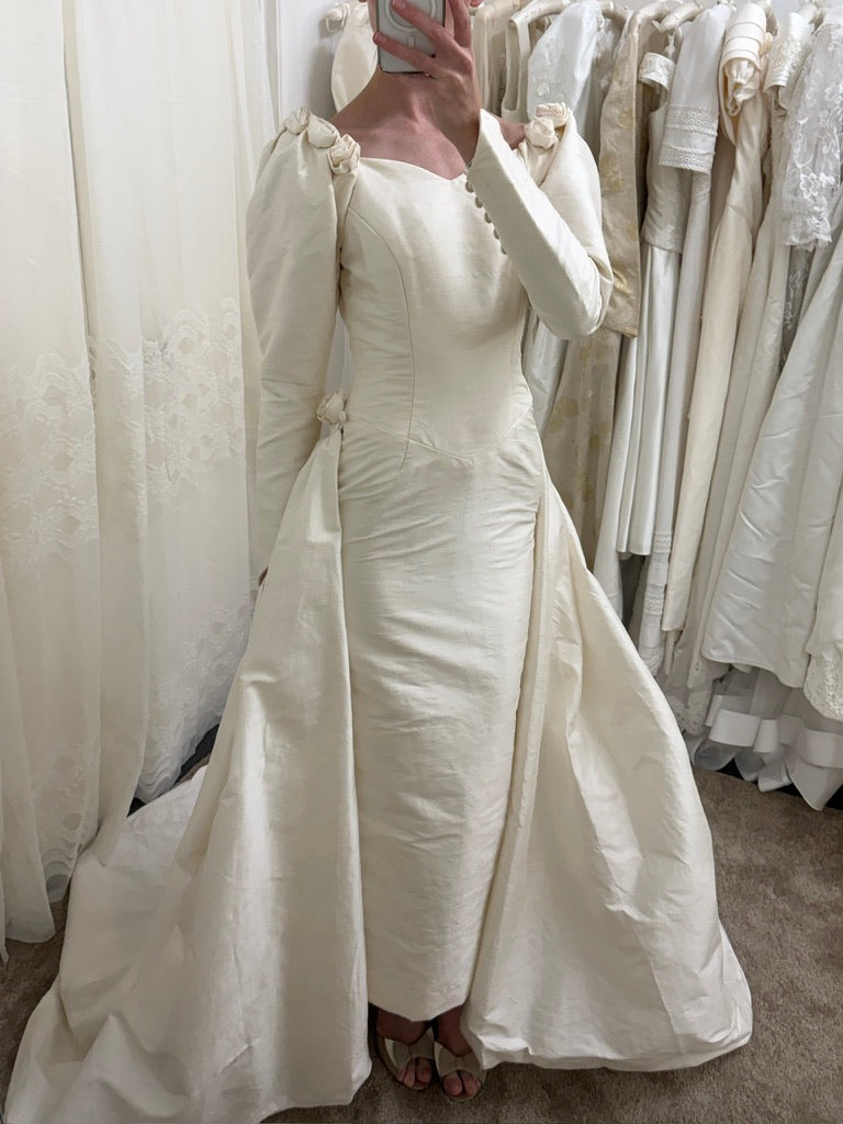 Vintage 90s silk dupion long sleeve rosette wedding gown with detachable train