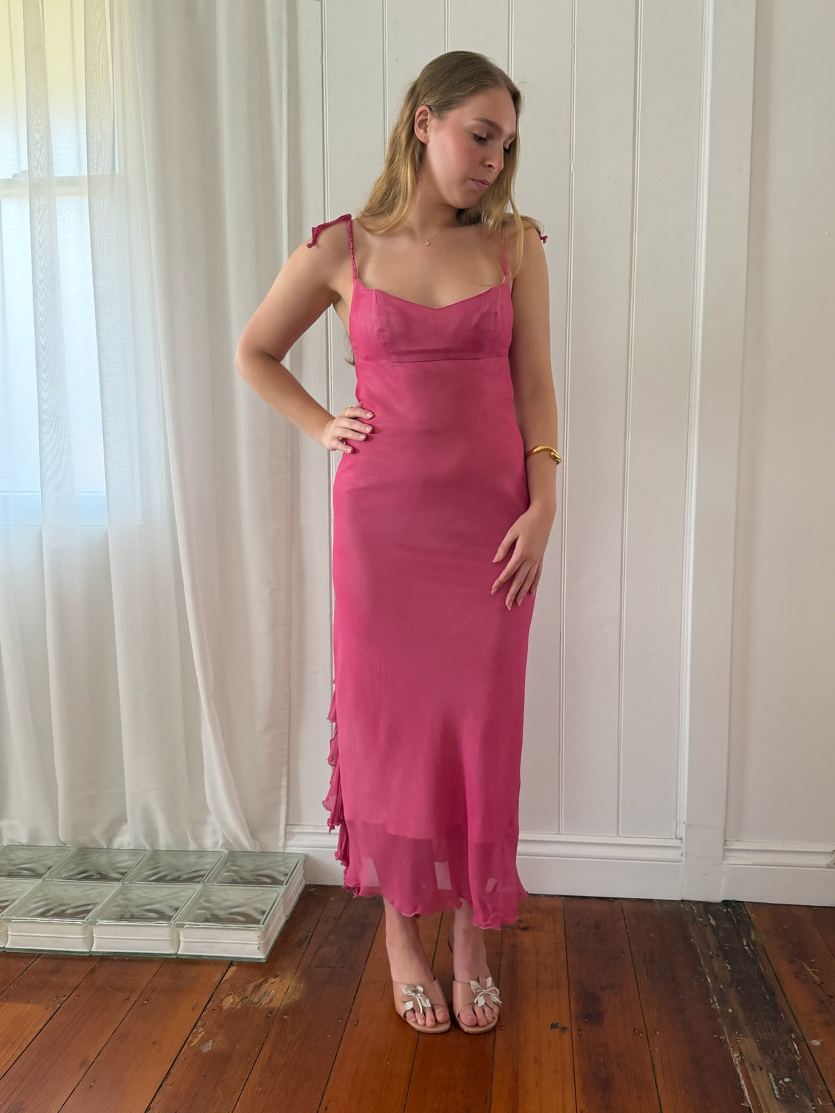 Vintage 1990 Jenny Bannister pink silk empire waist ruffle maxi dress
